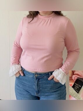 SHEIN Pink Mock Neck Long Sleeve Top with White Ruffle Cuffs
